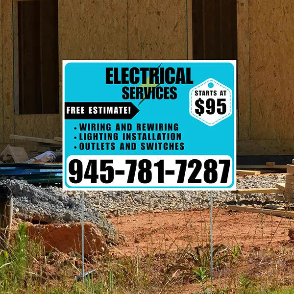 Electricians - Wiring and Rewiring,  Lighting Installation, Outlets and Switches with Price Tag - Plain White Aqua Blue Design YardSigns.com