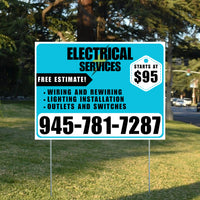 Electricians - Wiring and Rewiring,  Lighting Installation, Outlets and Switches with Price Tag - Plain White Aqua Blue Design YardSigns.com