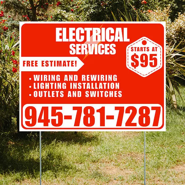 Electricians - Wiring and Rewiring,  Lighting Installation, Outlets and Switches with Price Tag - Plain White Chili Red Design YardSigns.com