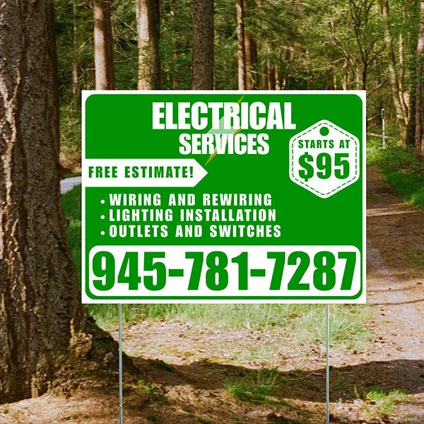 Electricians - Wiring and Rewiring,  Lighting Installation, Outlets and Switches with Price Tag - Plain White Green Design YardSigns.com