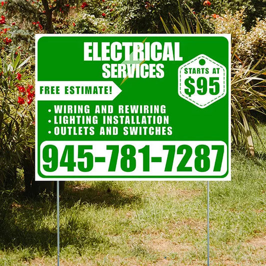 Electricians - Wiring and Rewiring,  Lighting Installation, Outlets and Switches with Price Tag - Plain White Green Design YardSigns.com