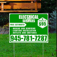 Electricians - Wiring and Rewiring,  Lighting Installation, Outlets and Switches with Price Tag - Plain White Green Design YardSigns.com