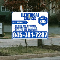 Electricians - Wiring and Rewiring,  Lighting Installation, Outlets and Switches with Price Tag - Plain Blue White Design YardSigns.com