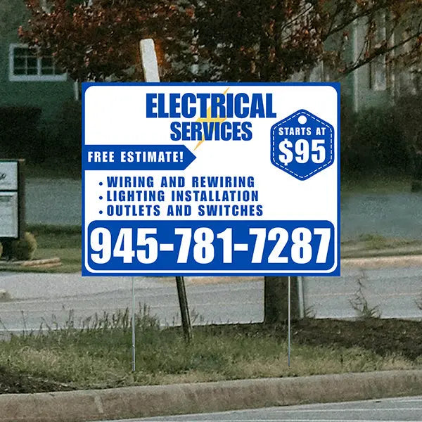 Electricians - Wiring and Rewiring,  Lighting Installation, Outlets and Switches with Price Tag - Plain Blue White Design YardSigns.com