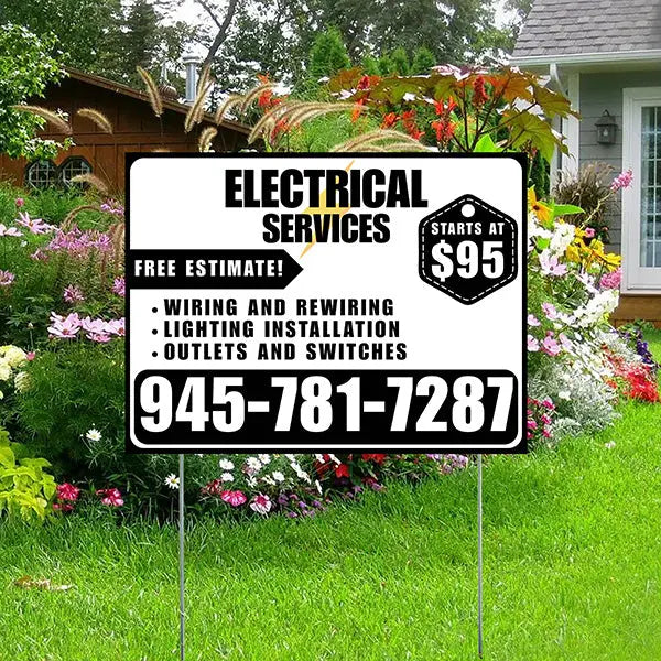 Electricians - Wiring and Rewiring,  Lighting Installation, Outlets and Switches with Price Tag - Plain Black White Design YardSigns.com