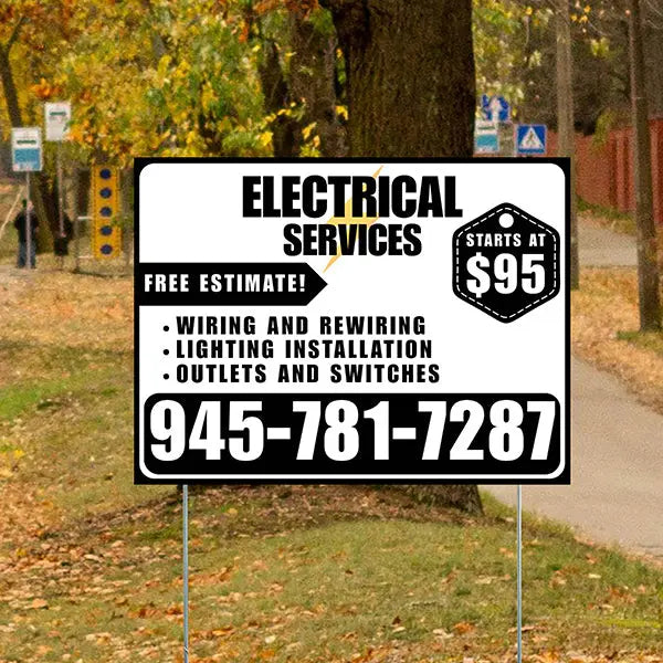 Electricians - Wiring and Rewiring,  Lighting Installation, Outlets and Switches with Price Tag - Plain Black White Design YardSigns.com