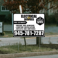 Electricians - Wiring and Rewiring,  Lighting Installation, Outlets and Switches with Price Tag - Plain Black White Design YardSigns.com