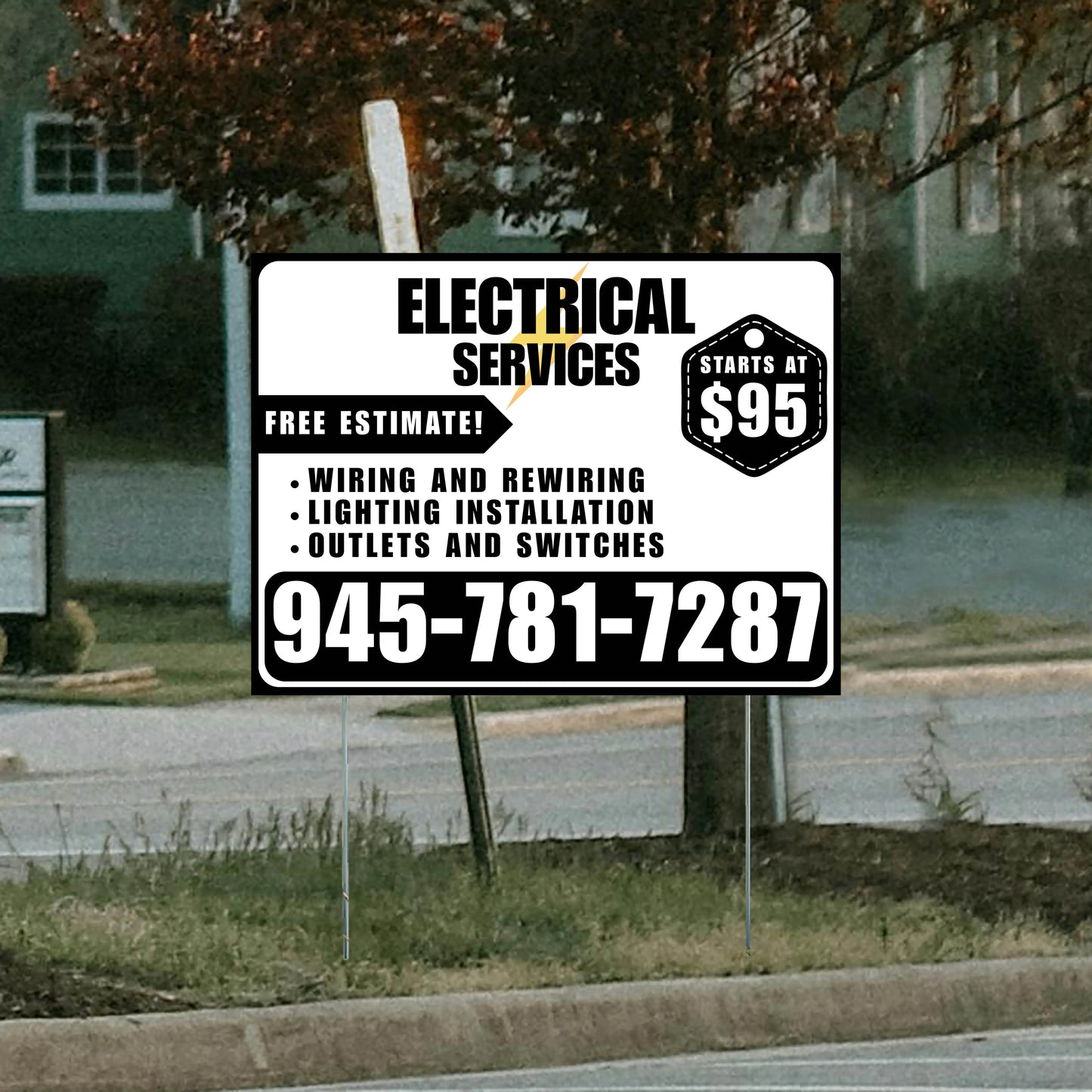 Electricians - Wiring and Rewiring,  Lighting Installation, Outlets and Switches with Price Tag - Plain Black White Design YardSigns.com