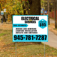 Electricians - Wiring and Rewiring,  Lighting Installation, Outlets and Switches with Price Tag - Plain Aqua Blue White Design YardSigns.com