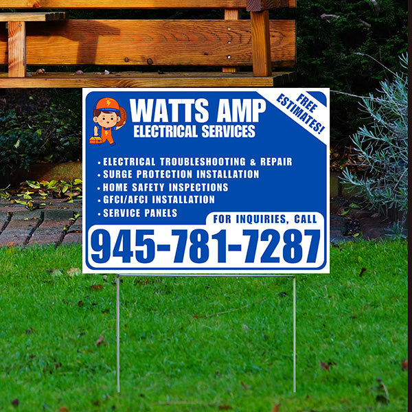 Electricians - Electrical troubleshooting & repair, Surge protection installation, Home safety inspections, GFCI/AFCI installation, Service panels - Free Estimates! - Plain White Blue Design - YardSigns.com