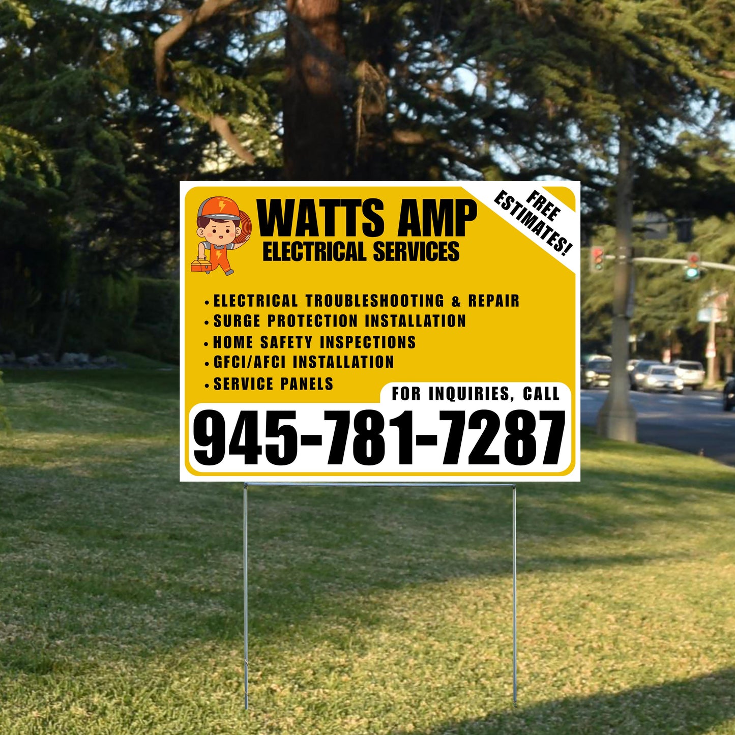 Electricians - Electrical troubleshooting & repair, Surge protection installation, Home safety inspections, GFCI/AFCI installation, Service panels - Free Estimates! - Plain White Mustard Gold Design - YardSigns.com