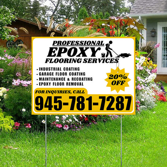 Epoxy Flooring Services - Industrial Coating, Garage Floor Coating, Maintenance & Recoating, Epoxy Floor Removal with Discount Tag - Plain Mustard Gold White Design - YardSigns.com