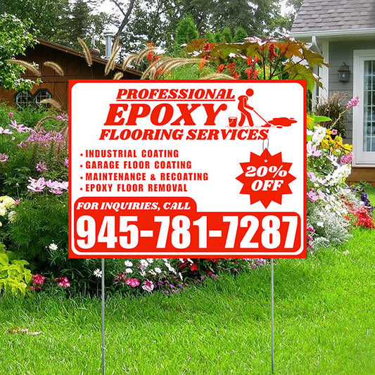 Epoxy Flooring Services - Industrial Coating, Garage Floor Coating, Maintenance & Recoating, Epoxy Floor Removal with Discount Tag - Plain Chili Red White Design - YardSigns.com