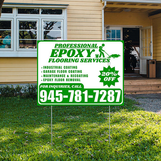 Epoxy Flooring Services - Industrial Coating, Garage Floor Coating, Maintenance & Recoating, Epoxy Floor Removal with Discount Tag - Plain Green White Design - YardSigns.com