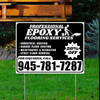 Advertisement for professional epoxy flooring services with contact information on a grassy background.