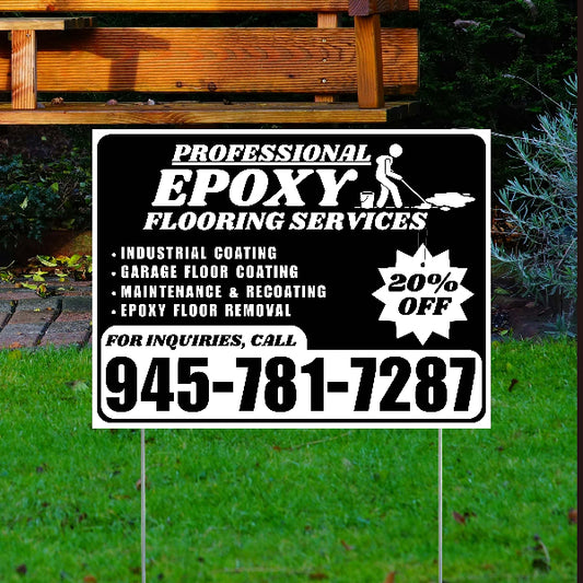 Advertisement for professional epoxy flooring services with contact information on a grassy background.