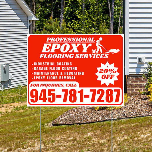 Epoxy Flooring Services - Industrial Coating, Garage Floor Coating, Maintenance & Recoating, Epoxy Floor Removal with Discount Tag - Plain White Chili Red Design - YardSigns.com