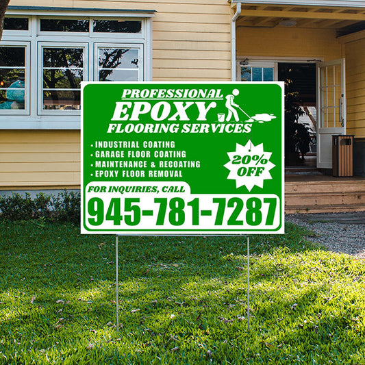 Epoxy Flooring Services - Industrial Coating, Garage Floor Coating, Maintenance & Recoating, Epoxy Floor Removal with Discount Tag - Plain White Green Design - YardSigns.com