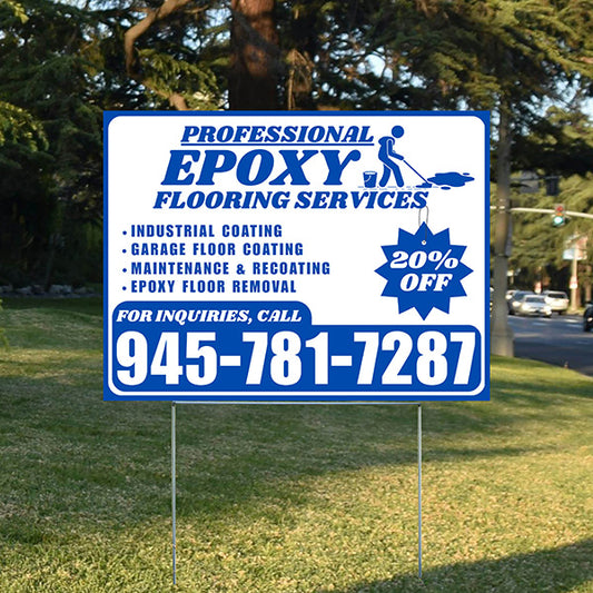 Epoxy Flooring Services - Industrial Coating, Garage Floor Coating, Maintenance & Recoating, Epoxy Floor Removal with Discount Tag - Plain White Blue Design