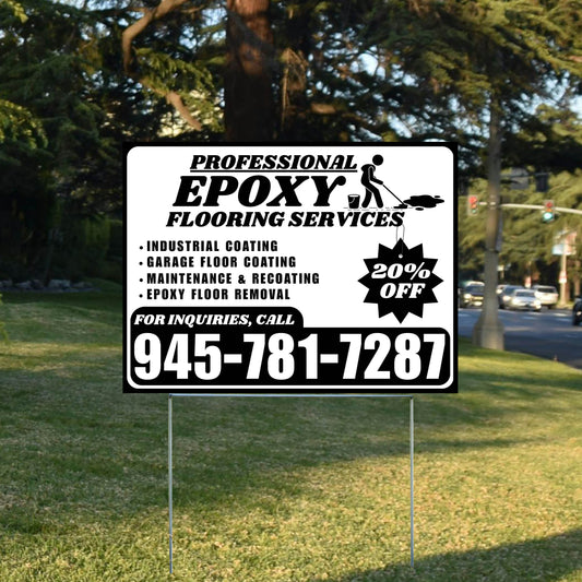 Epoxy Flooring Services - Industrial Coating, Garage Floor Coating, Maintenance & Recoating, Epoxy Floor Removal with Discount Tag - Plain Black White Design - YardSigns.com