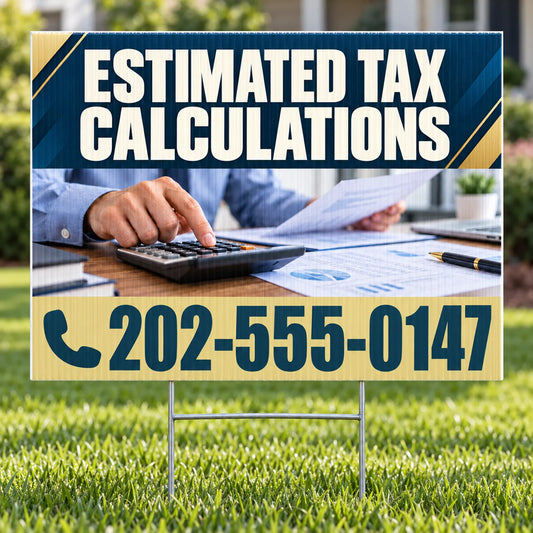 A rectangular yard sign on a metal stand placed in green grass, featuring the text 'ESTIMATED TAX CALCULATIONS' at the top and a large phone number at the bottom. The center of the sign shows a photo of a person using a calculator at a desk with papers.