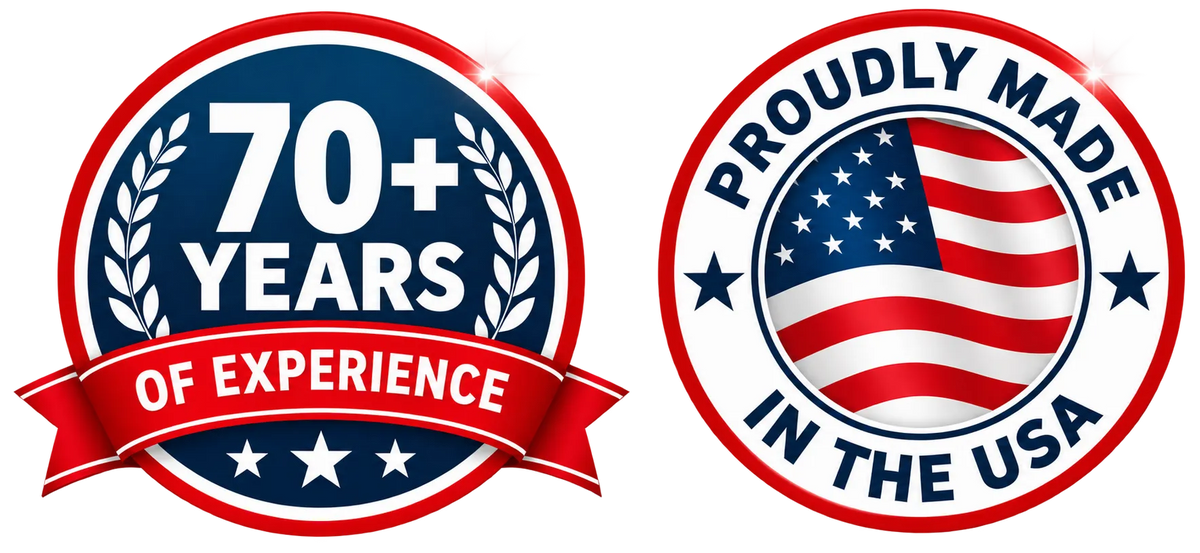 Two circular patriotic badges on a white background. The left badge reads '70+ YEARS OF EXPERIENCE' with a red ribbon banner and white laurel branches.