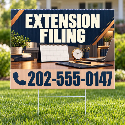 A yard sign on a metal stake in a grassy lawn, featuring the text 'EXTENSION FILING' in large white letters on a dark navy background, with a wood-toned lower section displaying a phone number. The sign is photographed outdoors with a blurred desk scene in the background.