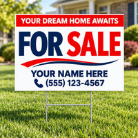 A 'FOR SALE' yard sign with customizable text, displayed on a metal stake in a green grassy lawn with a blurred house in the background.