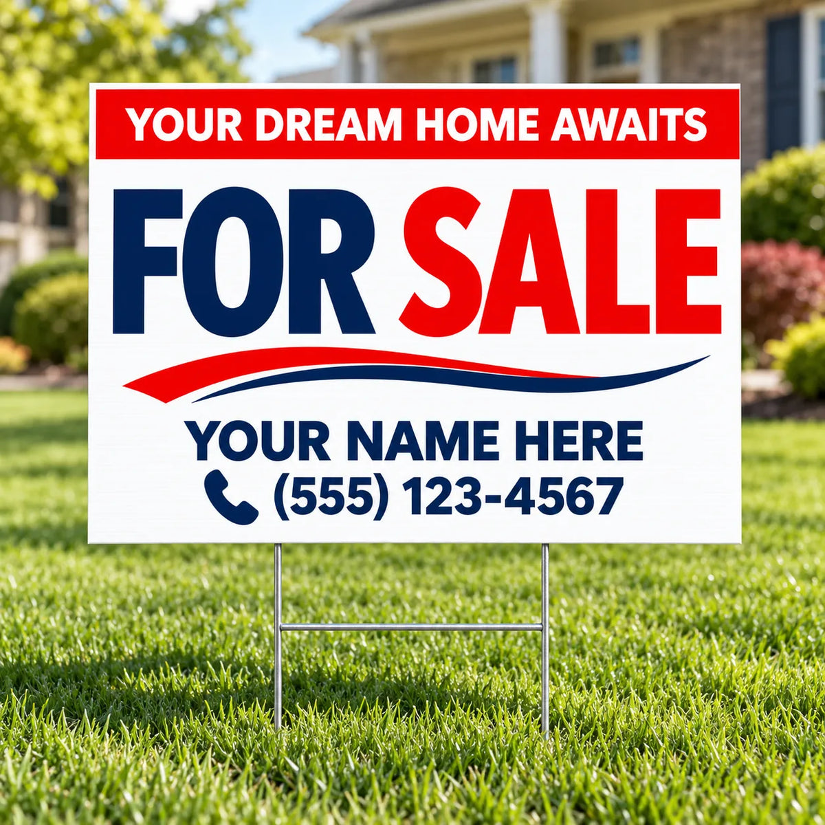A 'FOR SALE' yard sign with customizable text, displayed on a metal stake in a green grassy lawn with a blurred house in the background.