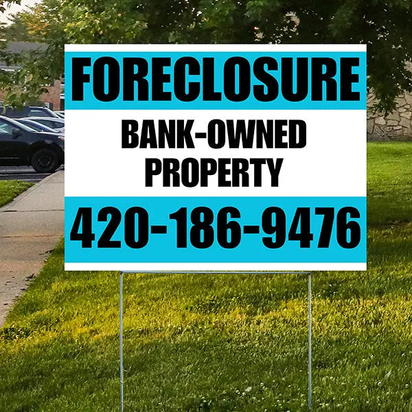 Real Estate - Foreclosure - Bank Owned Property - Plain White Aqua Blue Design YardSigns.com