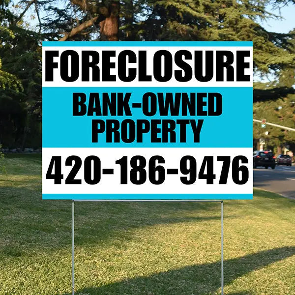 Real Estate - Foreclosure - Bank Owned Property - Plain Aqua Blue White Design YardSigns.com