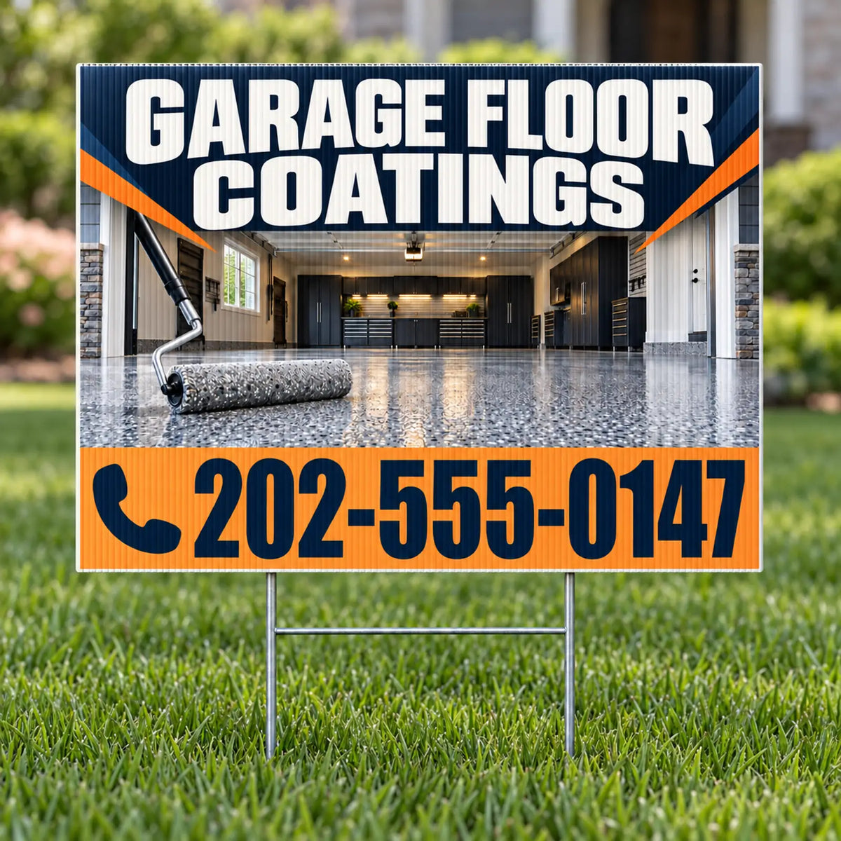 A yard sign for garage floor coatings displayed on a lawn. The sign features a dark blue top section with bold white text reading 'GARAGE FLOOR COATINGS,' a photo of a polished garage interior and paint roller, and an orange bottom section with the phone number '202-555-0147' in dark blue.