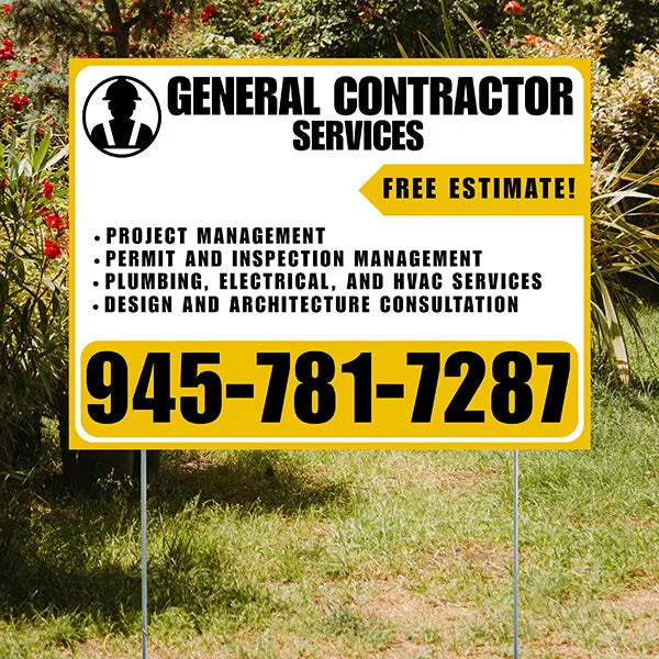 General Contractor Services - Project Management, Permit and Inspection Management, Plumbing, Electrical, and HVAC Services, Design and Architecture Consultation with Free Estimate - Plain White Mustard Gold Design YardSigns.com