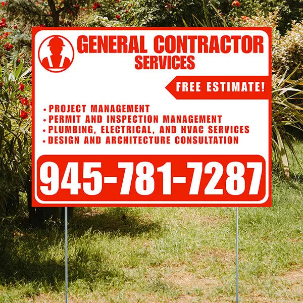 General Contractor Services - Project Management, Permit and Inspection Management, Plumbing, Electrical, and HVAC Services, Design and Architecture Consultation with Free Estimate - Plain White Chili Red Design YardSigns.com