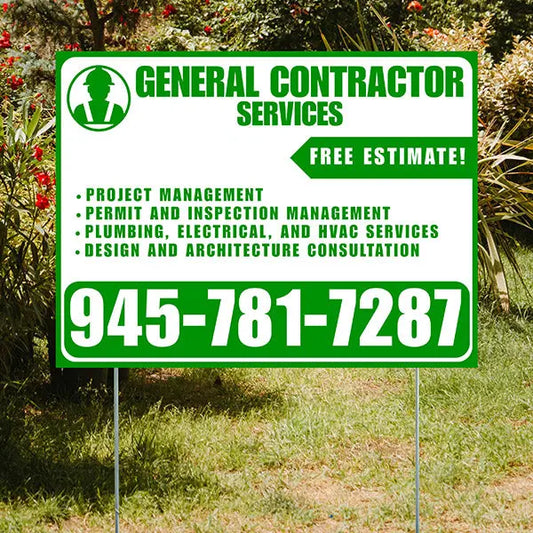 General Contractor Services - Project Management, Permit and Inspection Management, Plumbing, Electrical, and HVAC Services, Design and Architecture Consultation with Free Estimate - Plain White Green Design YardSigns.com