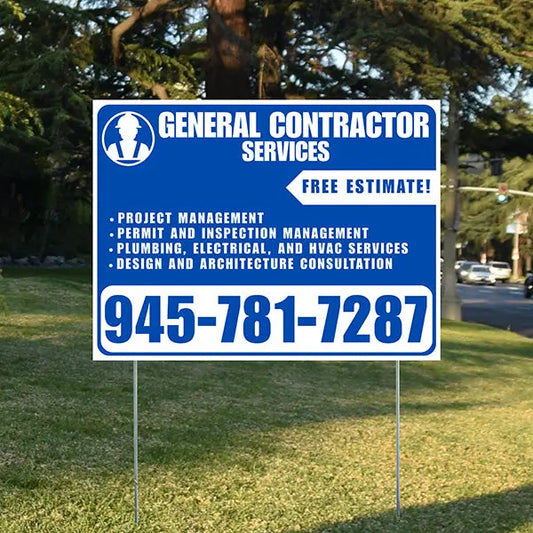 General Contractor Services - Project Management, Permit and Inspection Management, Plumbing, Electrical, and HVAC Services, Design and Architecture Consultation with Free Estimate - Plain Blue White Design YardSigns.com
