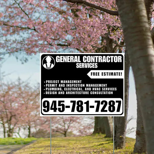 General Contractor Services - Project Management, Permit and Inspection Management, Plumbing, Electrical, and HVAC Services, Design and Architecture Consultation with Free Estimate - Plain Black White Design YardSigns.com