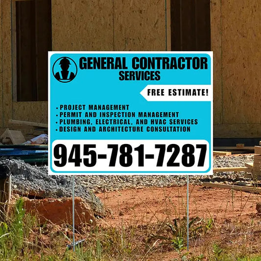 General Contractor Services - Project Management, Permit and Inspection Management, Plumbing, Electrical, and HVAC Services, Design and Architecture Consultation with Free Estimate - Plain Aqua Blue White Design YardSigns.com
