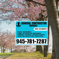 General Contractor Services - Project Management, Permit and Inspection Management, Plumbing, Electrical, and HVAC Services, Design and Architecture Consultation with Free Estimate - Plain Aqua Blue White Design YardSigns.com