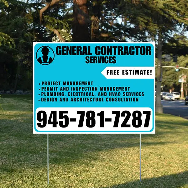 General Contractor Services - Project Management, Permit and Inspection Management, Plumbing, Electrical, and HVAC Services, Design and Architecture Consultation with Free Estimate - Plain Aqua Blue White Design YardSigns.com