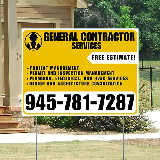 General Contractor Services - Project Management, Permit and Inspection Management, Plumbing, Electrical, and HVAC Services, Design and Architecture Consultation with Free Estimate - Plain Mustard Gold White Design YardSigns.com