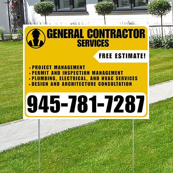 General Contractor Services - Project Management, Permit and Inspection Management, Plumbing, Electrical, and HVAC Services, Design and Architecture Consultation with Free Estimate - Plain Mustard Gold White Design YardSigns.com