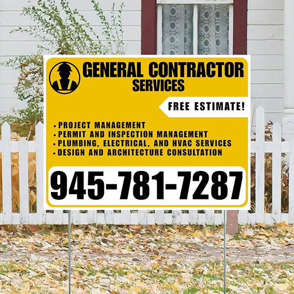 General Contractor Services - Project Management, Permit and Inspection Management, Plumbing, Electrical, and HVAC Services, Design and Architecture Consultation with Free Estimate - Plain Mustard Gold White Design YardSigns.com
