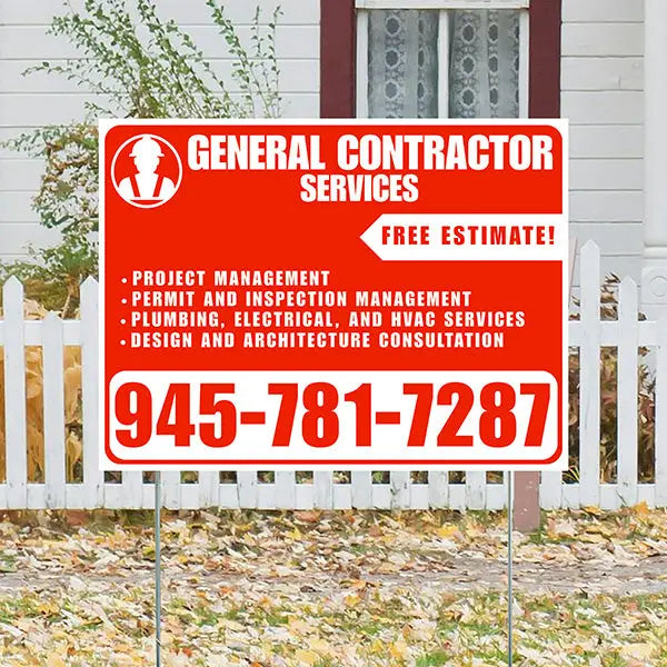 General Contractor Services - Project Management, Permit and Inspection Management, Plumbing, Electrical, and HVAC Services, Design and Architecture Consultation with Free Estimate - Plain Chili Red White Design YardSigns.com
