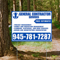 General Contractor Services - Project Management, Permit and Inspection Management, Plumbing, Electrical, and HVAC Services, Design and Architecture Consultation with Free Estimate - Plain White Blue Design YardSigns.com