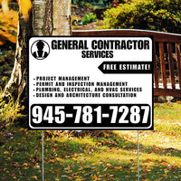 General Contractor Services - Project Management, Permit and Inspection Management, Plumbing, Electrical, and HVAC Services, Design and Architecture Consultation with Free Estimate - Plain White Black Design YardSigns.com