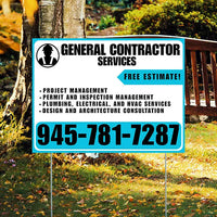 General Contractor Services - Project Management, Permit and Inspection Management, Plumbing, Electrical, and HVAC Services, Design and Architecture Consultation with Free Estimate - Plain White Aqua Blue Design YardSigns.com