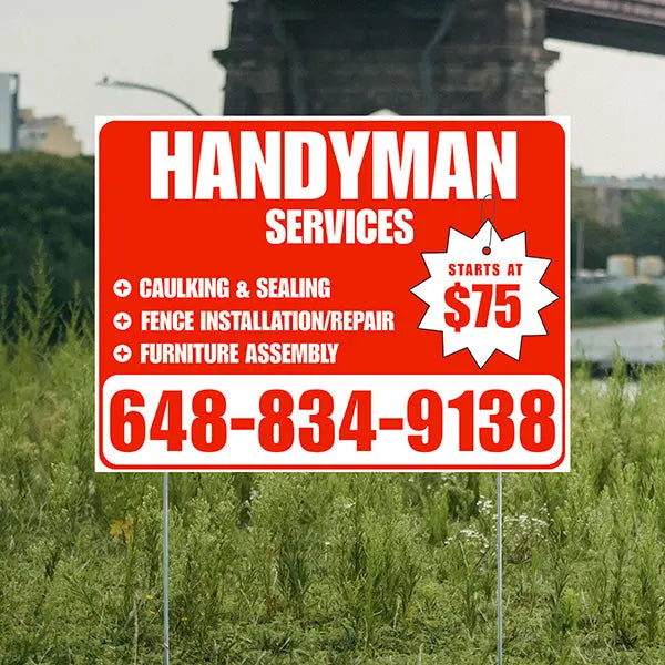 Handyman Services - Caulking & Sealing, Fence Installation, Furniture Assembly - Plain Chili Red White Design YardSigns.com