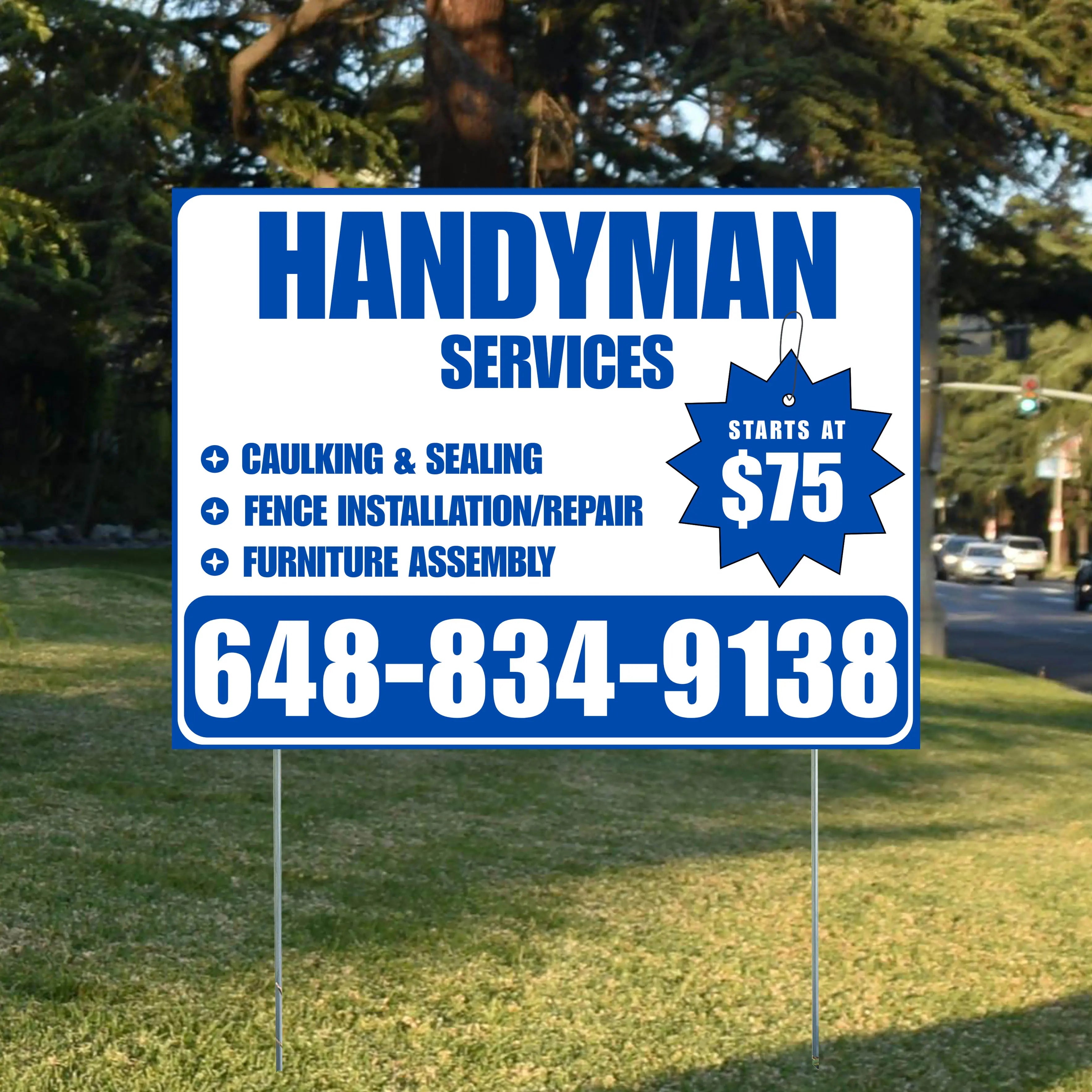 Handyman Services - Caulking & Sealing, Fence Installation, Furniture Assembly - Plain White Blue Design YardSigns.com