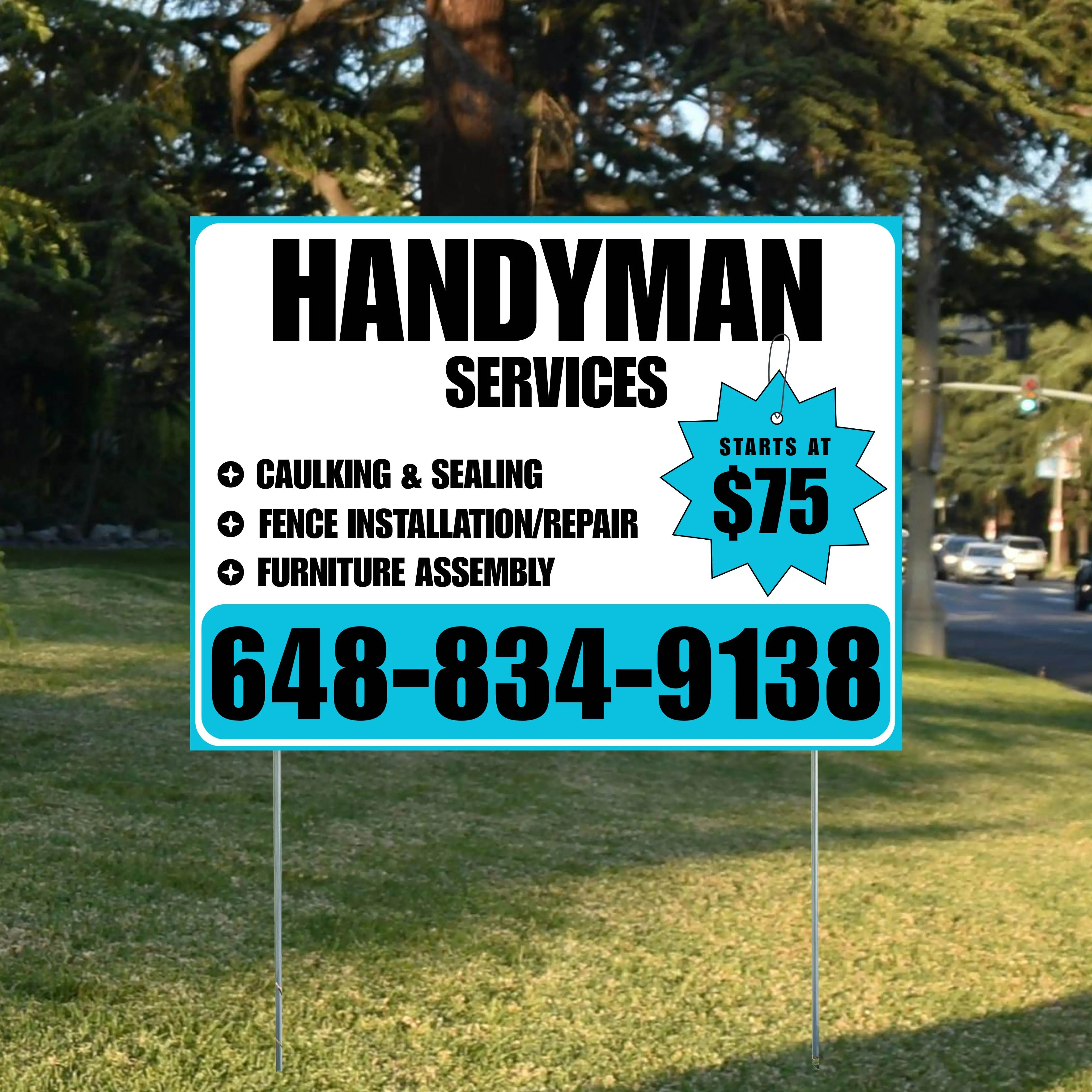 Handyman Services - Caulking & Sealing, Fence Installation, Furniture Assembly - Plain White Aqua Blue Design YardSigns.com